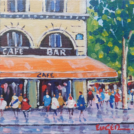 Painting CAFE DES ARTS RUE DU LOUVRE by Euger | Painting Figurative Acrylic Life style, Society, Urban