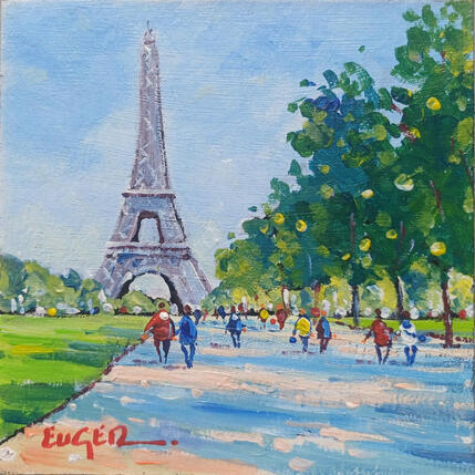 Painting PROMENADE A LA TOUR EIFFEL by Euger | Painting Figurative Acrylic Architecture, Life style, Urban