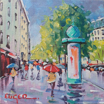 Painting PLUIE SUR LES GRANDS BOULEVARDS A PARIS by Euger | Painting Figurative Acrylic Architecture, Life style, Urban