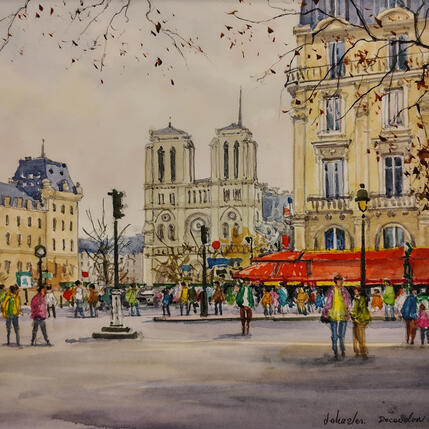Painting La place Saint Michel by Decoudun Jean charles | Painting Figurative Watercolor Urban