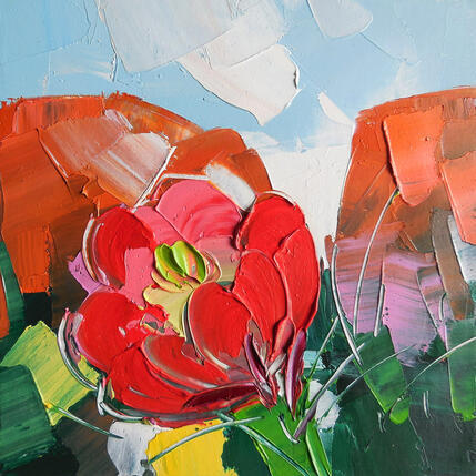 Painting Red Flower by Lunetskaya Elena | Painting Figurative Oil Landscapes, Minimalist, Nature