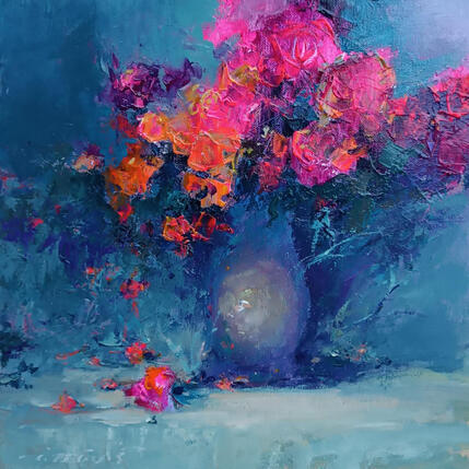 Painting Red Flowers on Blue  by Petras Ivica | Painting Figurative Oil Landscapes