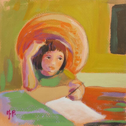Peinture Le chapeau de paille de Grand-Mère par Molénat-Ponté | Tableau Impressionnisme Acrylique Enfant