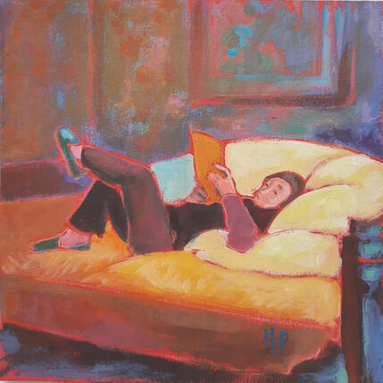 Peinture Lecture dans l'édredon des matins lents par Molénat-Ponté | Tableau Impressionnisme Acrylique Enfant
