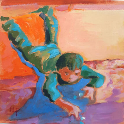 Peinture L'enfant aux billes de lumière par Molénat-Ponté | Tableau Impressionnisme Acrylique Enfant
