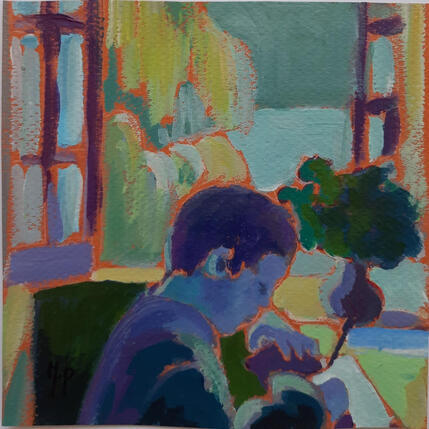 Peinture Les devoirs de vacances par Molénat-Ponté | Tableau Impressionnisme Acrylique Enfant