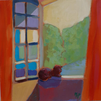 Peinture Le chat sur le rebord chaud par Molénat-Ponté | Tableau Impressionnisme Acrylique Animaux, Scènes de vie