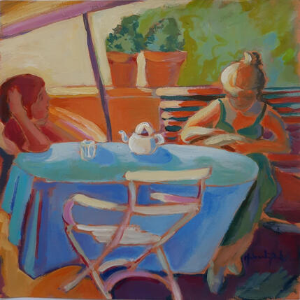 Peinture Conversation à l'ombre du parasol par Molénat-Ponté | Tableau Impressionnisme Acrylique Scènes de vie