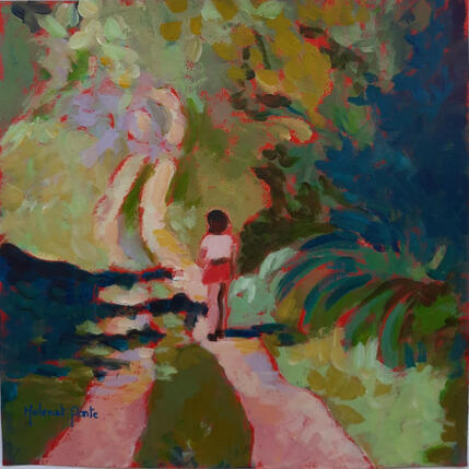Peinture La petite fille et le sentier des secrets par Molénat-Ponté | Tableau Impressionnisme Acrylique Enfant, Nature