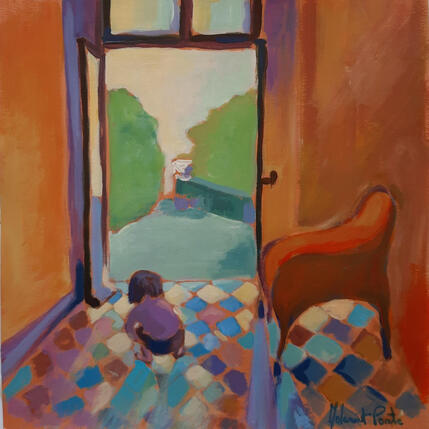 Peinture L'ombre qui danse sur les tomettes par Molénat-Ponté | Tableau Impressionnisme Acrylique Enfant, Scènes de vie