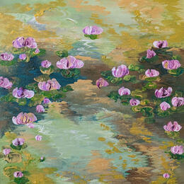 Peinture La source aux nymphéas roses  par Amblard Florence | Tableau