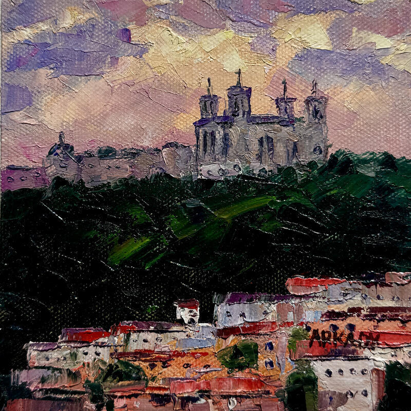Peinture Fourvière au crépuscule par Arkady | Tableau Figuratif Urbain Huile