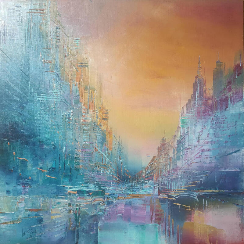 Peinture Façades bleues par Levesque Emmanuelle | Tableau Huile