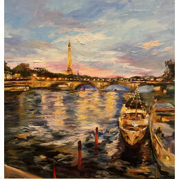 Painting La Seine dans les lumières du soir  by Novokhatska Olga | Painting Figurative Acrylic, Oil Urban