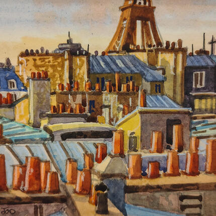 Painting Tour Eiffel sur les toits by Decoudun Jean charles | Painting Figurative Watercolor Urban