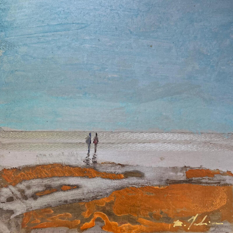 Peinture Couple plage du Lido par Mahieu Bertrand | Tableau Figuratif Paysages Métal
