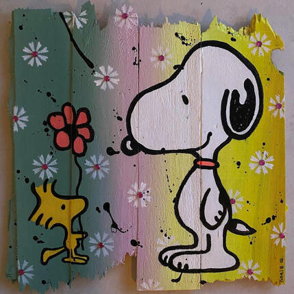 Painting F3  Snoopy fleur by Marie G.  | Painting Pop-art Acrylic, Wood Pop icons