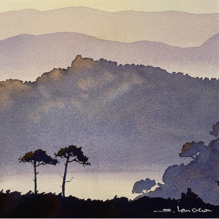 Peinture Deux pins sur la crête par Langeron Stéphane | Tableau Figuratif Aquarelle Paysages