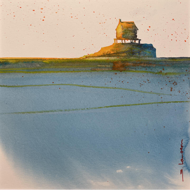 Peinture Sur son petit rocher par Langeron Stéphane | Tableau Figuratif Paysages Aquarelle