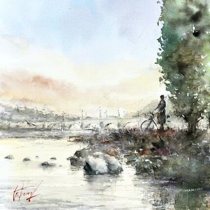 Peinture Cycliste au bord de la Loire par Gutierrez | Tableau