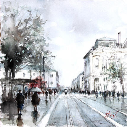 Peinture Tours. Jour de pluie par Gutierrez | Tableau Impressionnisme Aquarelle Urbain