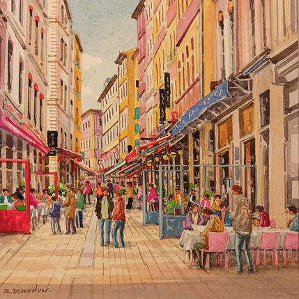 Gemälde Lyon et ses bouchons lyonnais von Decoudun Jean charles | Gemälde Figurativ Aquarell Urban