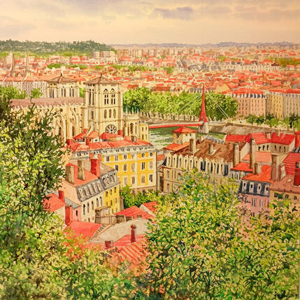 Pintura Vue des hauteurs de la ville de Lyon por Decoudun Jean charles | Pintura