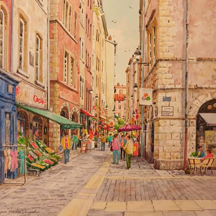 Peinture Promenades au coeur de Lyon par Decoudun Jean charles | Tableau Figuratif Aquarelle Urbain