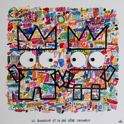 Painting BONHEUR & JOIE by Mam | Painting Street art Acrylic, Gluing Minimalist, Pop icons, Society