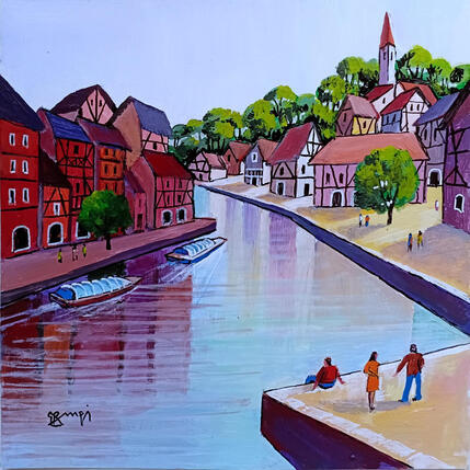 Peinture BA74 ALSACE SUR LE QUAI par Burgi Roger | Tableau Figuratif Acrylique Marine, Urbain