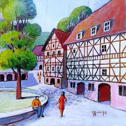 Peinture AN192 ALSACE LA RENCONTRE par Burgi Roger | Tableau Figuratif Acrylique Scènes de vie, Urbain