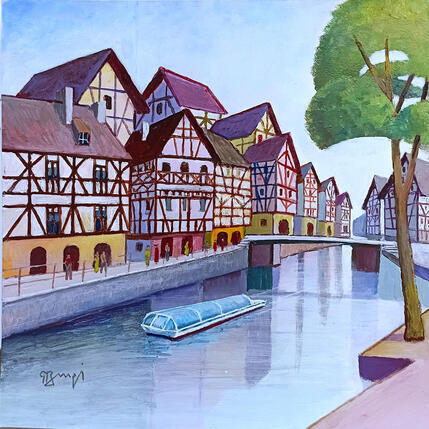 Peinture AN207 ALSACE LE BATEAU BLEU par Burgi Roger | Tableau Figuratif Acrylique Marine, Urbain