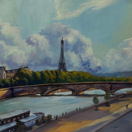 Gemälde Une soirée au bord de Seine von Piffard Cédric | Gemälde Figurativ Öl Alltagsszenen, Architektur, Urban