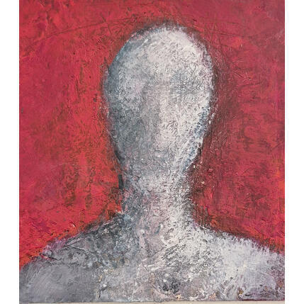 Peinture Tete au fond rouge par Rocco Sophie | Tableau Art Singulier Acrylique, Collage, Sable