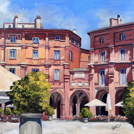 Peinture Un jour, sur la place par Piffard Cédric | Tableau Figuratif Huile Architecture, Scènes de vie, Urbain