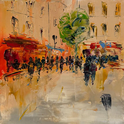 Peinture Place animée par Raffin Christian | Tableau Figuratif Huile Urbain