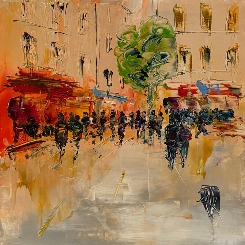 Peinture Place animée par Raffin Christian | Tableau Figuratif Urbain Huile