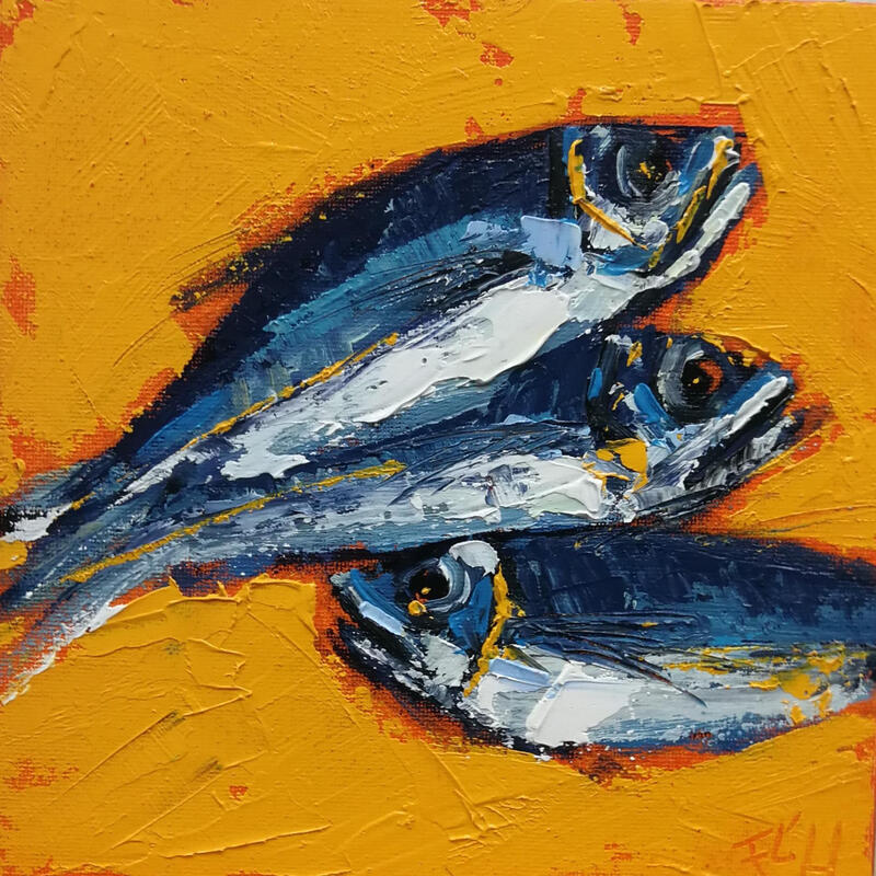 Painting sardines fond jaune by L'huillier Françis | Painting Figurative Oil