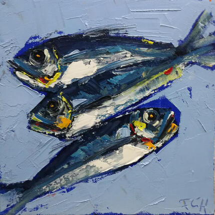 Painting sardines fond bleu by L'huillier Françis | Painting Figurative Oil Animals, Pop icons