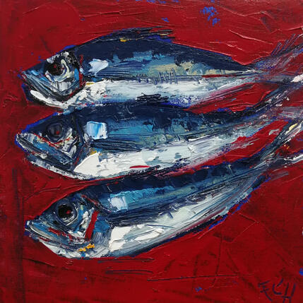 Painting sardines fond rouge by L'huillier Françis | Painting Figurative Oil Animals, Pop icons
