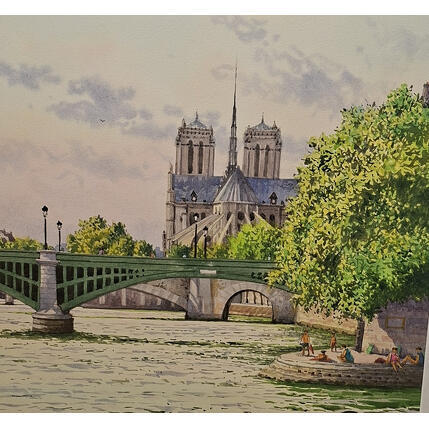 Peinture Notre Dame et le Pont de Sully par Decoudun Jean charles | Tableau Figuratif Aquarelle Urbain