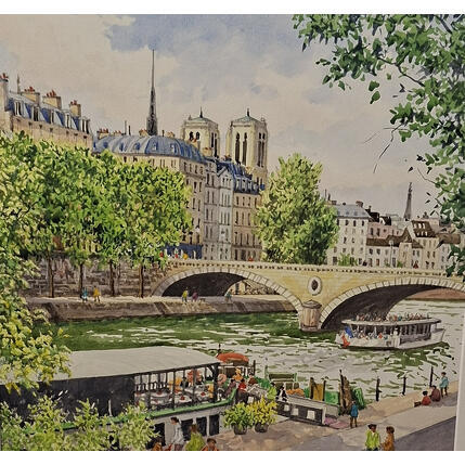 Painting Notre Dame et le Pont Louis Phillippe by Decoudun Jean charles | Painting Figurative Watercolor Urban