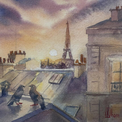 Peinture Les voisins du crépuscule par Khomyakova  Liliya  | Tableau Figuratif Aquarelle