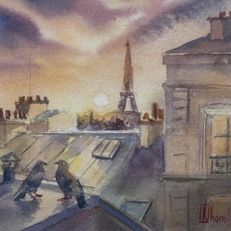 Peinture Les voisins du crépuscule par Khomyakova Liliya | Tableau Figuratif Aquarelle