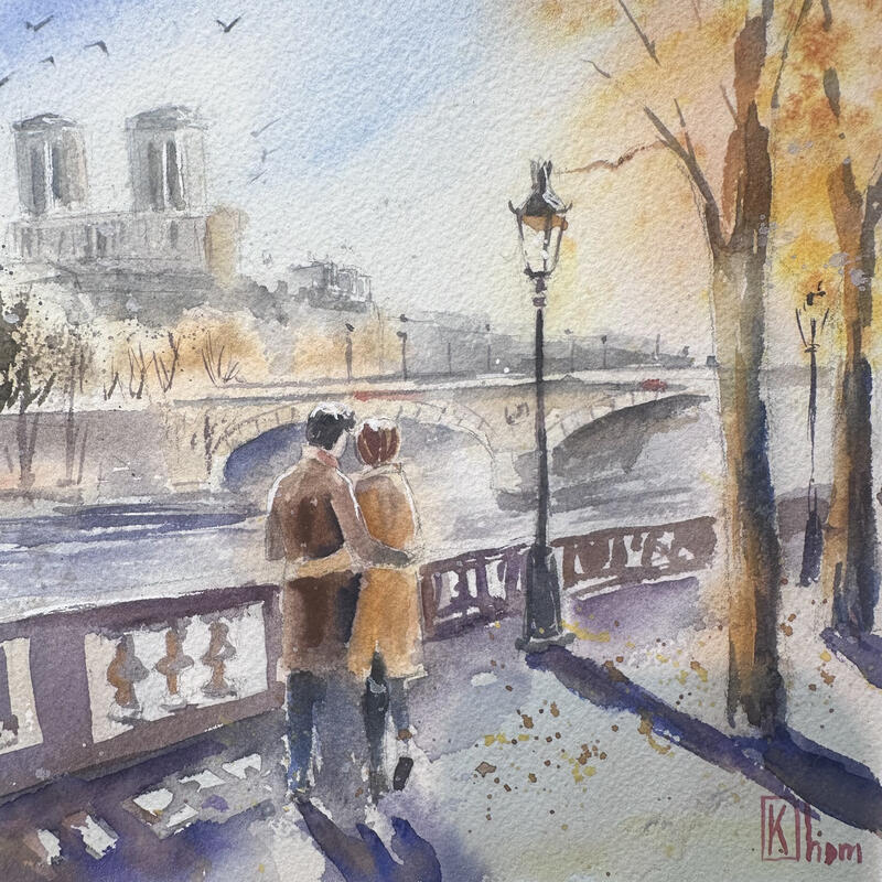 Painting Un instant à Paris by Khomyakova Liliya | Painting Figurative Watercolor