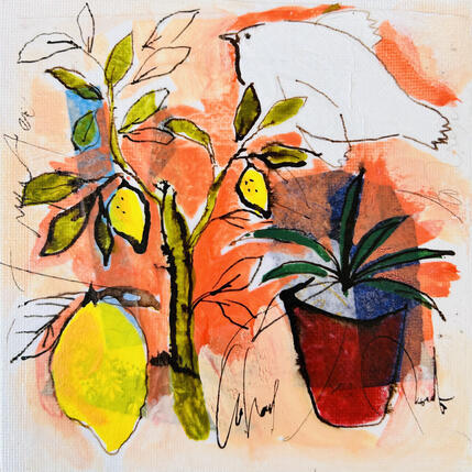 Painting Le citronnier by Colombo Cécile | Painting Naive art Acrylic, Gluing, Ink, Pastel, Watercolor Landscapes, Nature, Still-life