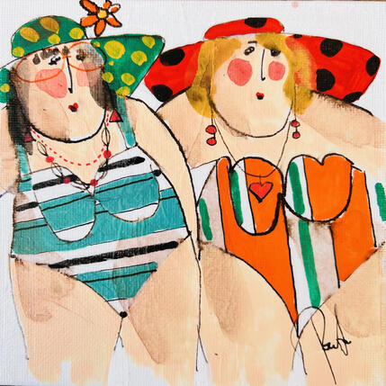 Painting Maryse et Elodie by Colombo Cécile | Painting Naive art Acrylic, Gluing, Ink, Pastel, Watercolor Portrait