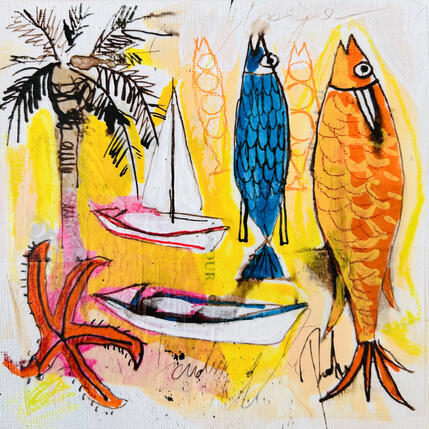 Painting Poissons et étoile by Colombo Cécile | Painting Naive art Acrylic, Gluing, Ink, Pastel, Watercolor Animals, Nature