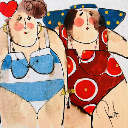 Painting Josette et Bernadette by Colombo Cécile | Painting Naive art Acrylic, Gluing, Ink, Pastel, Watercolor Portrait