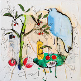 Peinture Le cerisier  par Colombo Cécile | Tableau Art naïf Acrylique, Aquarelle, Collage, Encre, Pastel Nature, Paysages